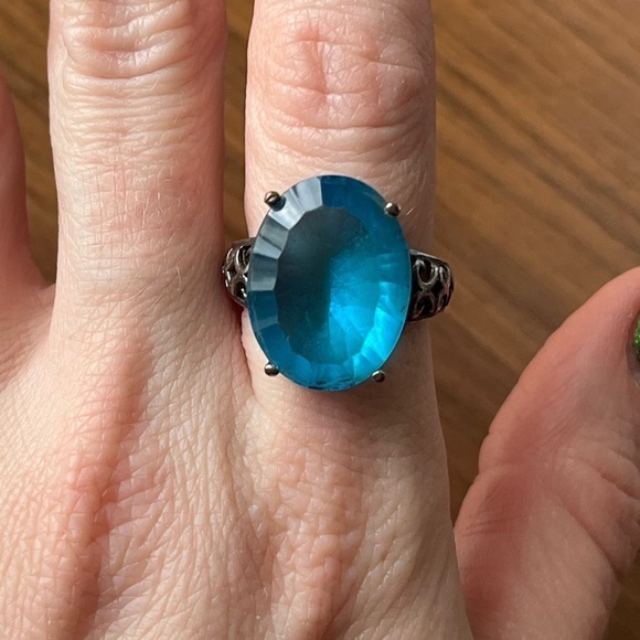 Vintage HUGE Blue Topaz and 925 Sterling Silver Ring, Boho Chunky Cocktail - Picture 1 of 12